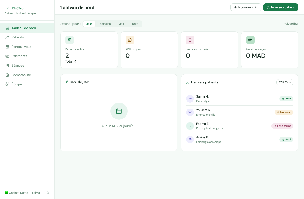 Tableau de bord KinéPro : patients actifs, rendez-vous du jour, derniers patients avec leur statut